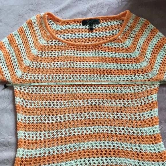 Jessica Simpson orange and white striped fishnet knit sweater Sz M - Picture 4 of 7